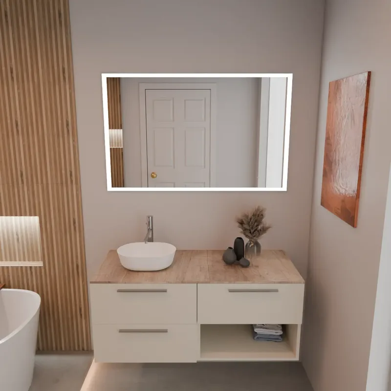 Cabinet width 120cm, depth 51 cm, front and structure matt lacquered FB 201 shaded white, handle U chromed, top-hlp quercia, item code PF1260 vessel sink in  ceramica white. Rectangular mirror with front LED lighting along the perimeter, electrical connection to be made to a wall switch; thickness 2 cm.