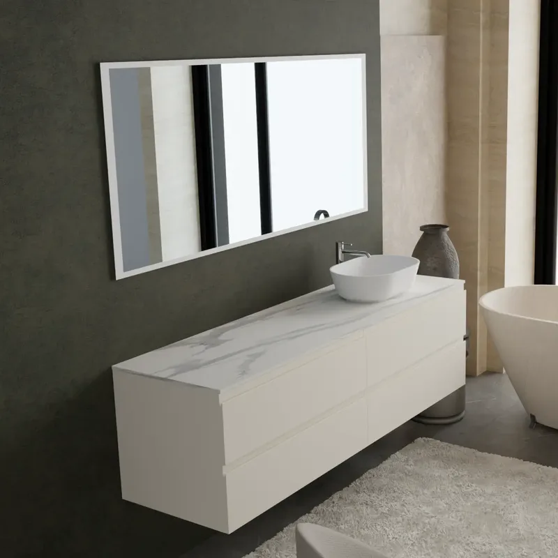 Cabinet width 170cm, depth 51 cm, front and structure matt lacquered RAL9001, handle B , top hpl calacatta, item code PF1340 vessel sink in  ocritech white. Rectangular mirror with front LED lighting along the perimeter, electrical connection to be made to a wall switch; thickness 2 cm.