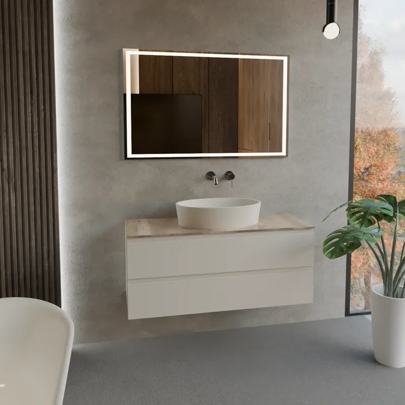 Cabinet width 120cm, depth 46 cm, front and structure matt lacquered RAL9001, handle B, top hpl quercia, item code BELSIZE55 vessel sink in  tekhnos RAL9001. Rectangular mirror with front LED lighting along the perimeter, electrical connection to be made to a wall switch; thickness: 2 cm.