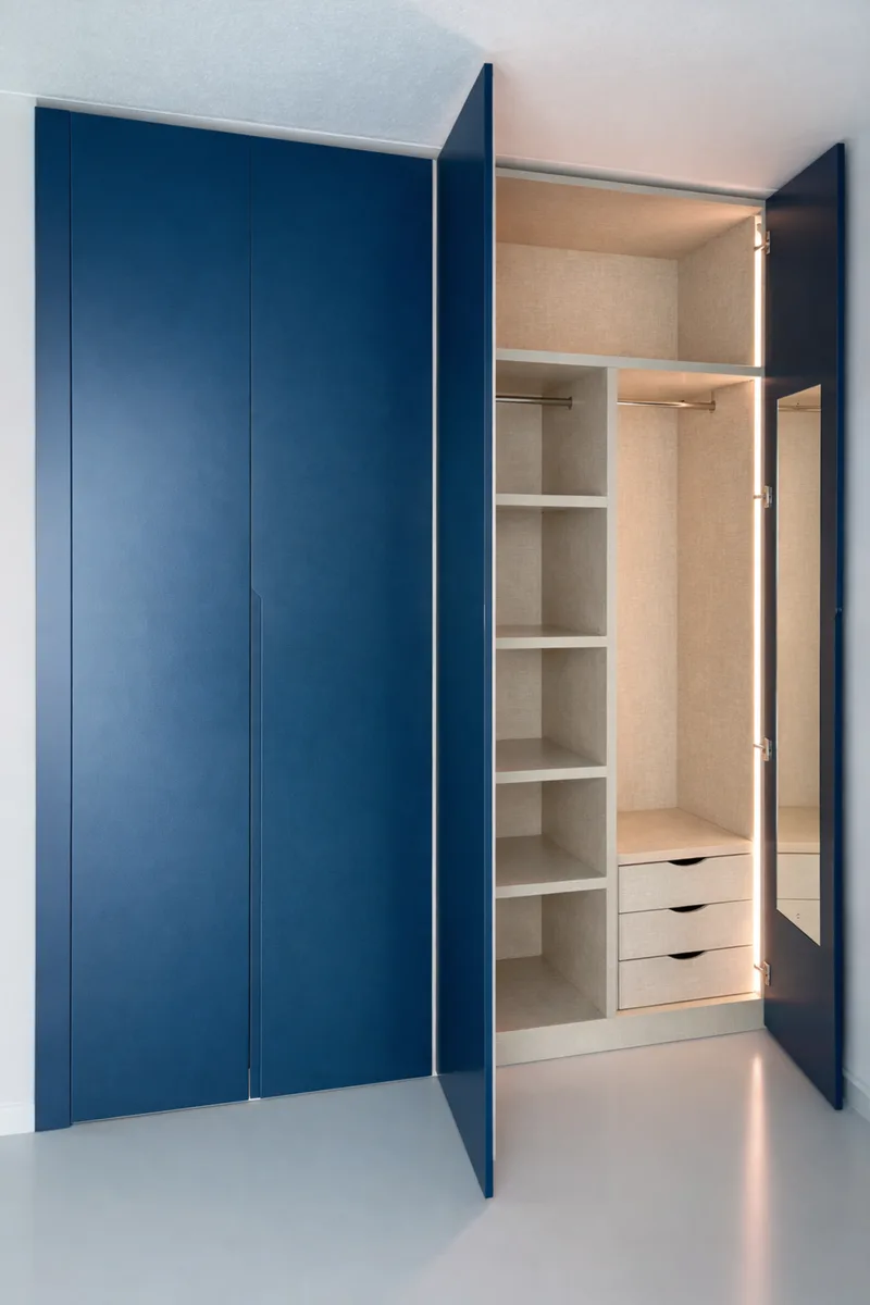 Fitted wardrobe – Eindhoven, Netherlands – matte lacquered in RAL5009 with integrated handles