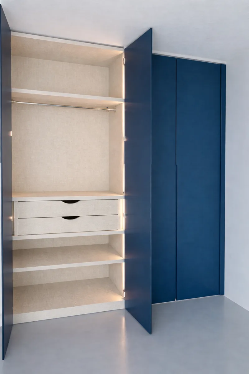 Fitted wardrobe – Eindhoven, Netherlands – matte lacquered in RAL5009 with integrated handles