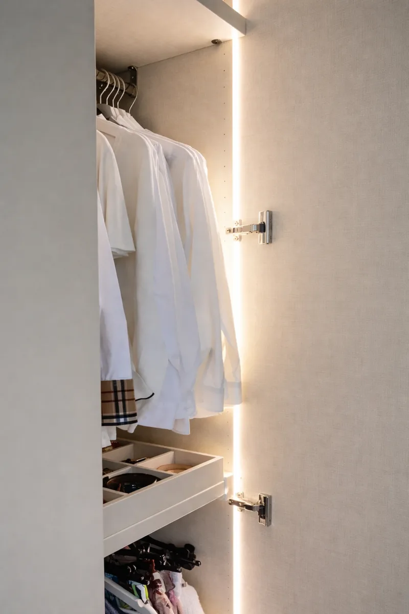 Customized wardrobe with a side library – Frankfurt, Germany – RAL1013 matte lacquered with integrated handles