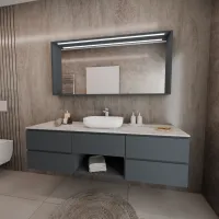 Cabinet width 180 cm, depth 51 cm, front and structure matt lacquered RAL7016, handle A, top hpl argilla, vessel sink in ocritech white. Mirror with wooden frame, upper LED light, and touch sensor, laminate or matt lacquered finish in the same color as the cabinet. If you prefer a different frame color, contact us; thickness: 13 cm.