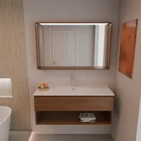 Cabinet width 120 cm, depth 46 cm, front and structure nobilitato olmo siena, handle A, integrated sink in Ceramic white. Mirror with wooden frame, upper LED light, and touch sensor, laminate or matt lacquered finish in the same color as the cabinet. If you prefer a different frame color, contact us; thickness: 13 cm.