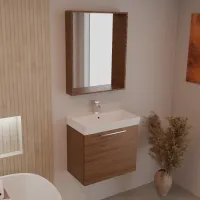 Cabinet width 60 cm, depth 36 cm, front and structure nobilitato olmo siena, handle U chromed, integrated sink in Ceramic white. Mirror with wooden frame, upper LED light, and touch sensor, laminate or matt lacquered finish in the same color as the cabinet. If you prefer a different frame color, contact us; thickness: 13 cm.