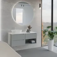 Cabinet width 120 cm, depth 51 cm, front and structure matt lacquered RAL7042, handle F, top tecnoril white, vessel sink in tecnoril white. Round mirror, available without backlighting or with perimeter backlighting and a side touch sensor in the bottom right corner; thickness: 2 cm.