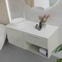 Cabinet width 120 cm, depth 51 cm, front and structure nobilitato olmo roccia, handle U chromed, top tecnoril white, vessel sink in tecnoril white. Round mirror, available without backlighting or with perimeter backlighting and a side touch sensor in the bottom right corner; thickness: 2 cm.