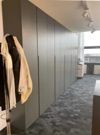 Custom-made office wardrobe: personalized color, dimensions, and designed by our client for their office to make it more functional and aesthetic – Düsseldorf, Germany – matte lacquered in RAL7012 with integrated handles.

The exact measurements of this office cabinet are 460 cm in width, 246 cm in height, and 61 cm in depth.