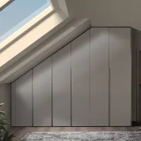 Sloping roof wardrobe: every roof has a different slope, so we offer our configurator, which adapts perfectly to your measurements to create a practical and functional design wardrobe customized to your needs. Everything is neatly enclosed behind personalized color doors. 

A visualization of a sloping roof wardrobe - RAL 7036 matte lacquered with integrated handles.