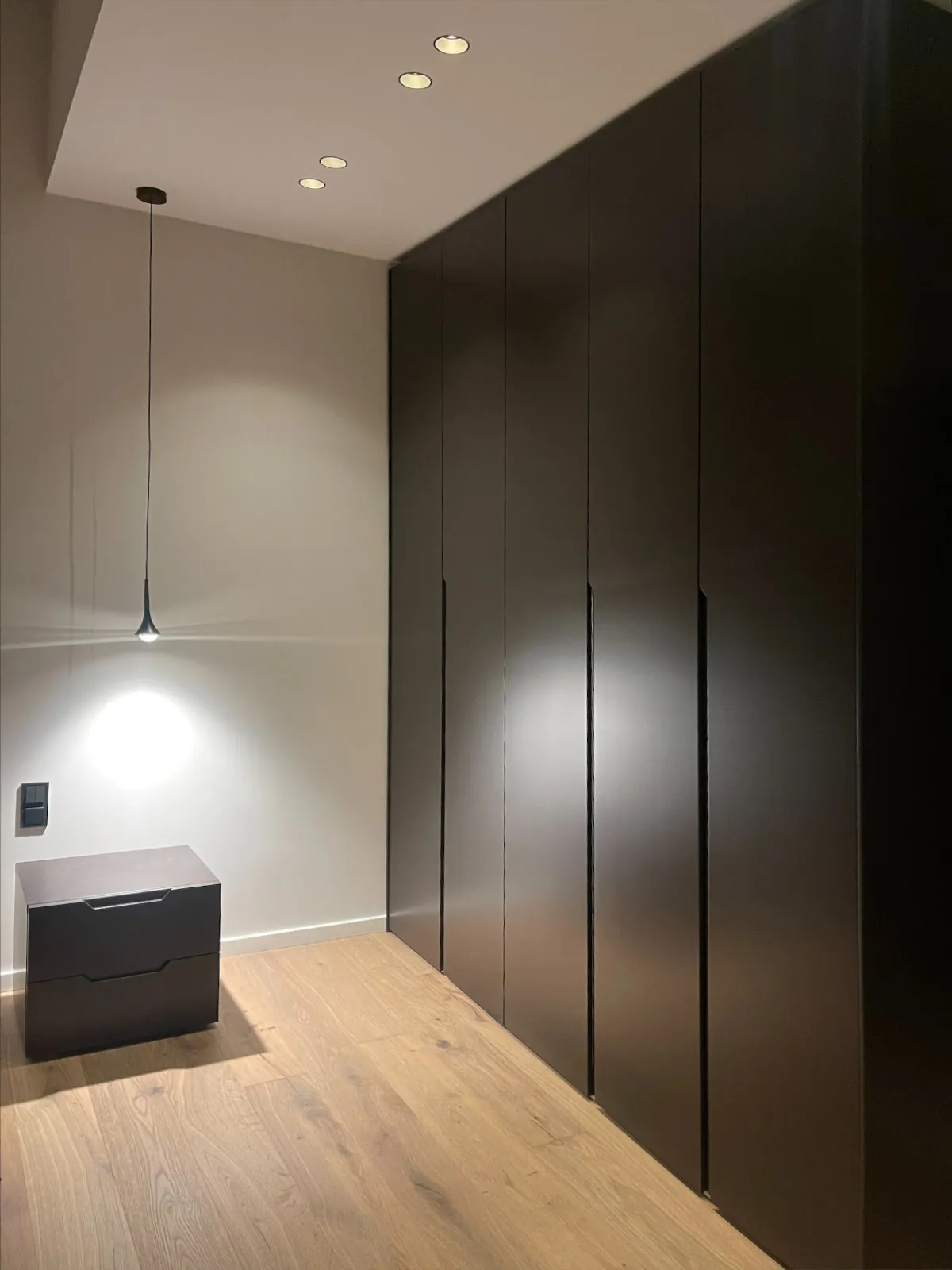 Wardrobe on measure - Munich, Germany - RAL8019 mat lacquered with integrated handle